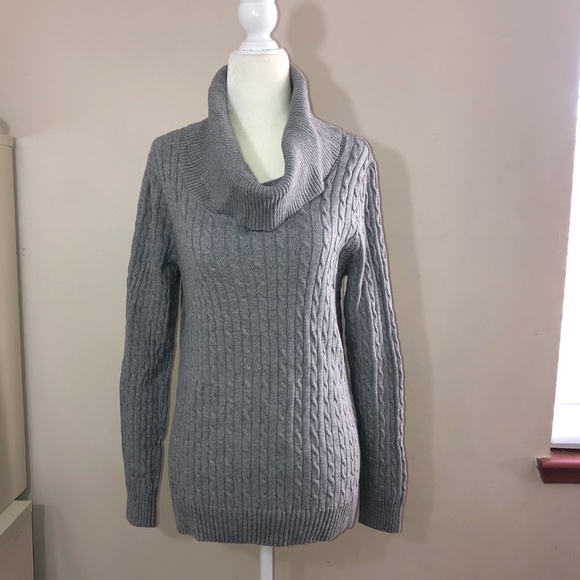 PRIA Gray Cotton Cable Knit Cowl Neck Long Sleeve Pullover Sweater - Picture 2 of 7